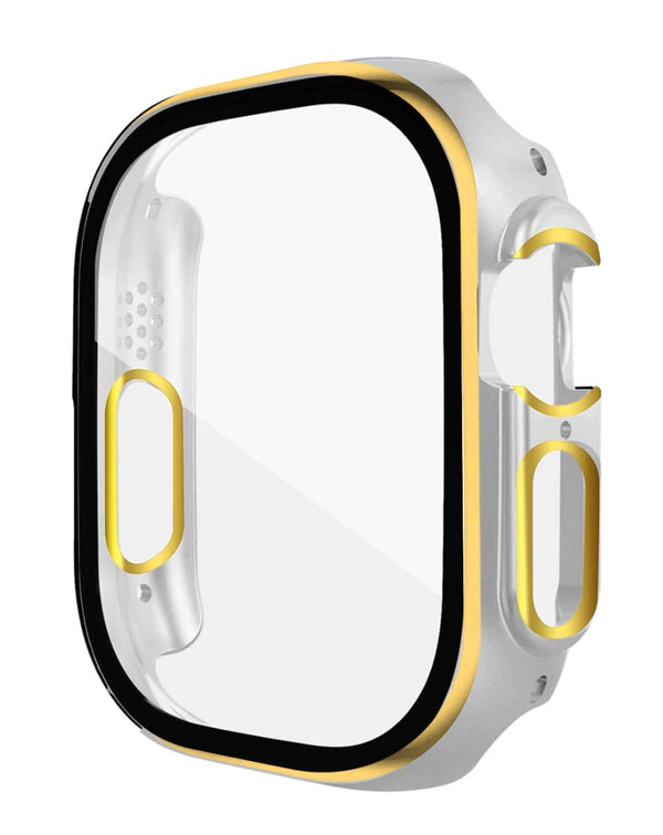 Protege tu iWatch 49mm con estilo con esta funda brillante dura en color blanco y oro en Guatemala.