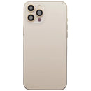 Tapa trasera dorada usada para iPhone 12 Pro Max (A2342, A2410) con puerto de carga y piezas pequeñas.