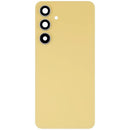 Tapa trasera amarilla sin logo para Samsung Galaxy S24 FE con lente de cámara, repuesto de reparación.