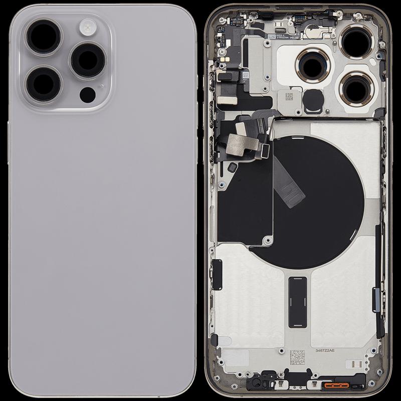 Encuentra la tapa trasera con pequeño preinstalado para iPhone 15 Pro Max en Guatemala para reparaciones de iPhone y reemplazos de componentes, en condición usada Grade A y versión internacional.