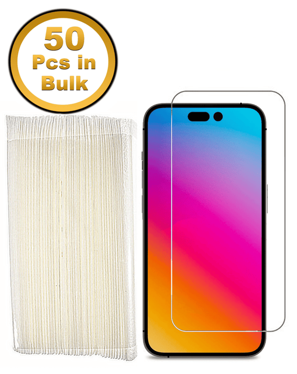 Mayorista de vidrios templados transparentes Premium para iPhone 14 Pro en Guatemala, pack de 50 unidades.