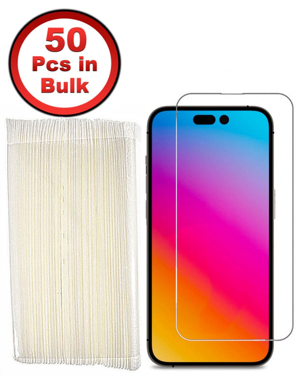Vidrio templado transparente para iPhone 14 Pro en pack de 50 unidades en Guatemala.