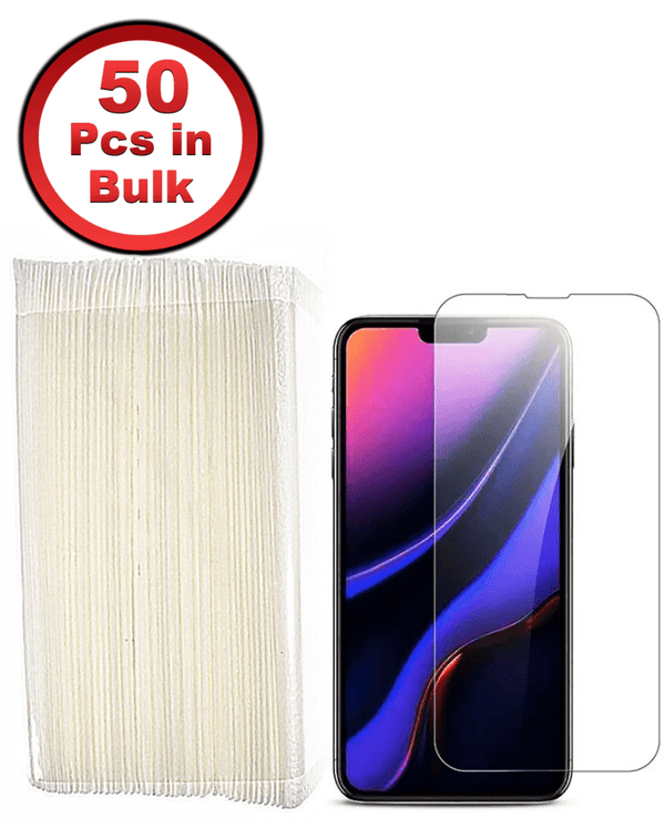Protector de pantalla de cristal templado claro para iPhone 13, 13 Pro, 14 y 16e en Guatemala, disponible en pack de 50 unidades al por mayor.