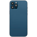 Tapa trasera azul pacífico usada para iPhone 12 Pro Max (A2342), con puerto de carga y piezas pequeñas para reparación.
