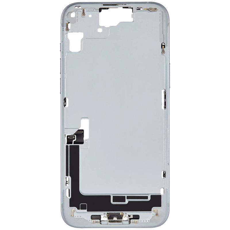 Encuentra carcasa de marco medio con puerto de carga flex y piezas pequeñas para iPhone 15 Plus en Guatemala.