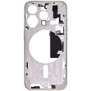 Encuentra la carcasa central con botones de encendido y volumen para iPhone 15 Pro en Guatemala, disponible en versión EE. UU., grado B, color blanco titanio, ideal para reparaciones y reemplazos.