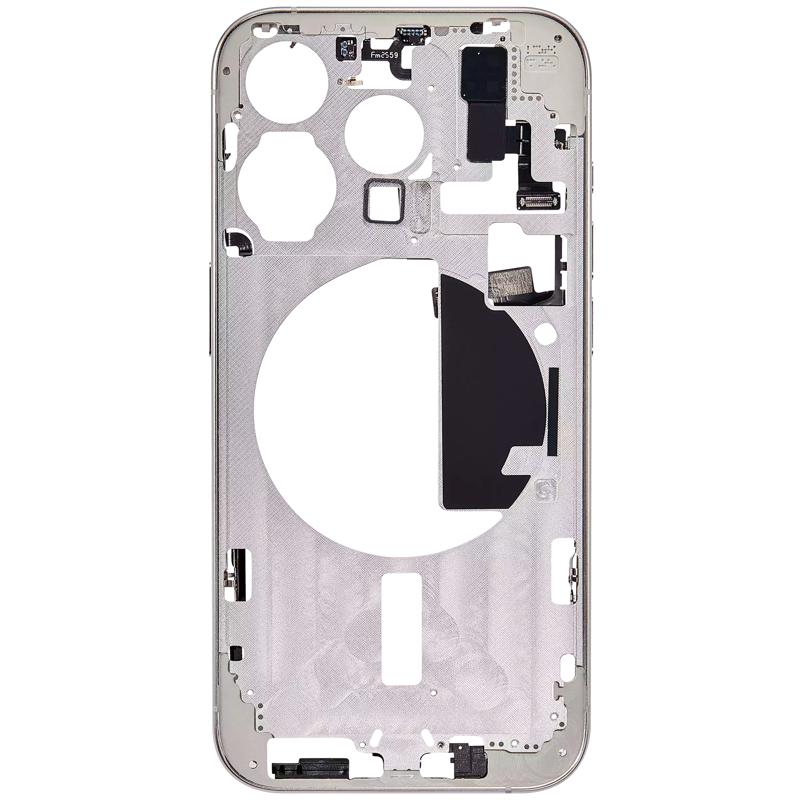 Encuentra la carcasa central con botones de encendido y volumen para iPhone 15 Pro en Guatemala, disponible en versión EE. UU., grado B, color blanco titanio, ideal para reparaciones y reemplazos.