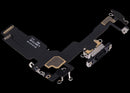 Puerto de carga con cable flex usado para iPhone 15 negro (A2846, A3089, A3090), repuesto para reparación.