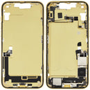 Chasis medio amarillo usado para iPhone 14 Plus (A2632) con puerto de carga y piezas pequeñas, ideal para reparación.