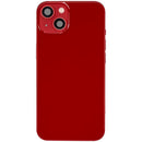 Tapa trasera roja original usada para iPhone 13 (A2482) con puerto de carga y pequeñas piezas de repuesto.