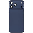 Tapa trasera azul profundo para iPhone 17 Pro Max, versión US, con puerto de carga y pequeñas piezas de repuesto.