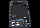 Tapa trasera Deep Blue usada para iPhone 17 Pro Max (A3295) con puerto de carga, ideal para reparación.