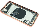 Tapa trasera de iPhone XR Coral Refurbished (A1984, A2105, A2106) con logo Apple, repuesto de carcasa.