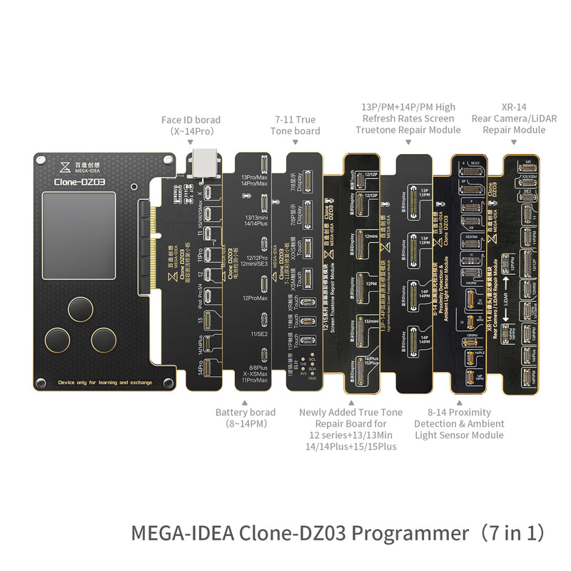Encuentra la Placa QianLi Mega-Idea 7 en 1 DZ03 para reparación de baterías y clon de Face ID en Guatemala.