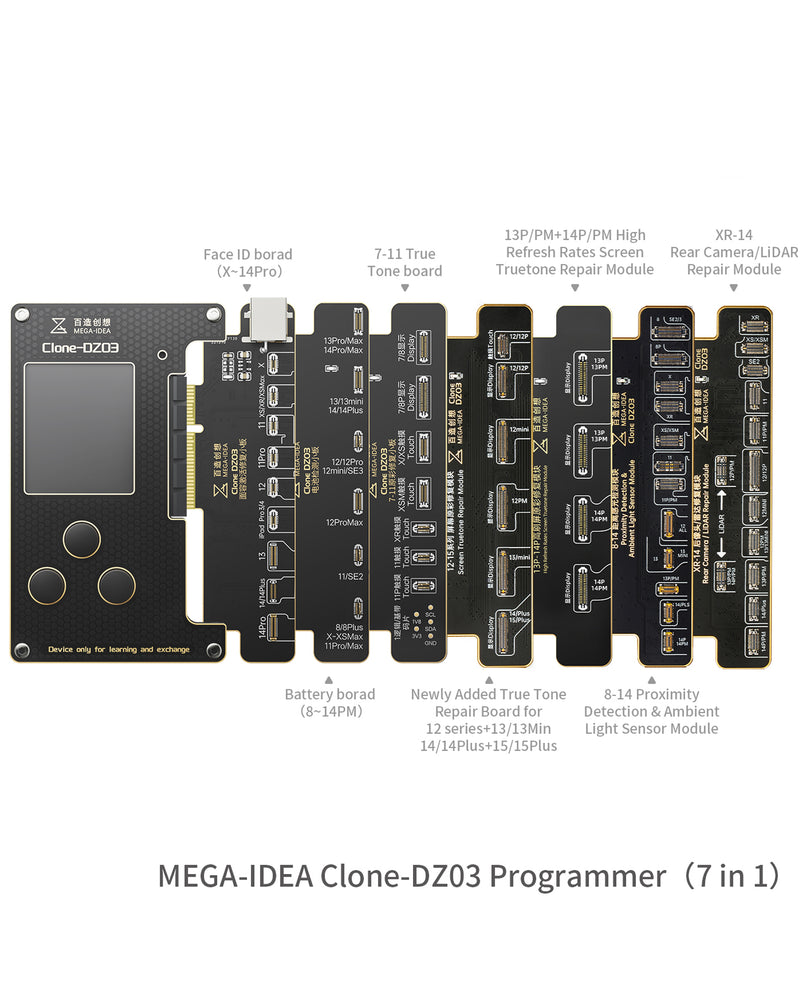 Encuentra la Placa QianLi Mega-Idea 7 en 1 DZ03 para reparación de baterías y clon de Face ID en Guatemala.