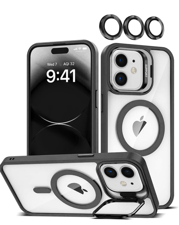 Encuentra en Guatemala este case de silicona negro con soporte para cámara y lente transparente para iPhone 11 de la marca SlowBack.