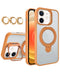 Funda magnética clear con 2 kickstand y lente de cámara para iPhone 11 en color naranja en Guatemala.