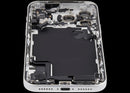 Tapa trasera plateada usada para iPhone 17 Pro Max (EU/Global) con puerto de carga flex y piezas pequeñas.
