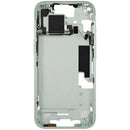 Chasis medio verde usado de iPhone 15 A2846 con pequeñas partes internas para reparación.