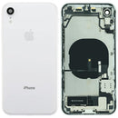 Tapa trasera blanca usada para iPhone XR (A1984, A2105) con puerto de carga y componentes preinstalados.