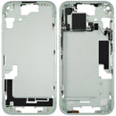 Chasis medio verde usado de iPhone 15 A2846 con pequeñas partes internas para reparación.