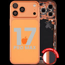 Tapa trasera Cosmic Orange usada para iPhone 17 Pro Max (A3295) con puerto de carga y piezas pequeñas.