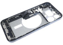 Marco medio azul titanio usado para iPhone 15 Pro Max, con puerto de carga flex y piezas pequeñas.