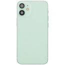 Tapa trasera verde usada para iPhone 12 Mini, con puerto de carga y pequeñas piezas de repuesto.