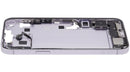Chasis medio iPhone 14 Plus morado usado con puerto de carga y pequeñas piezas para reparación.