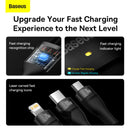 Cable de carga Baseus Flash negro USB-C a Lightning, Micro USB y USB-C (3ft), 100W, para carga rápida de múltiples dispositivos.