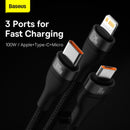 Cable de carga Baseus Flash negro USB-C a Lightning, Micro USB y USB-C (3ft), 100W, para carga rápida de múltiples dispositivos.