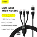 Cable de carga Baseus Flash negro USB-C a Lightning, Micro USB y USB-C (3ft), 100W, para carga rápida de múltiples dispositivos.