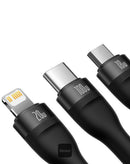Cable de carga Baseus Flash negro USB-C a Lightning, Micro USB y USB-C (3ft), 100W, para carga rápida de múltiples dispositivos.