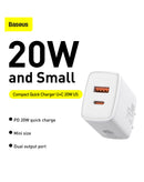 Cargador rápido Baseus USB A+C de 20W blanco luna con cable USB C a Lightning de 3 pies.