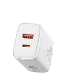 Cargador rápido Baseus USB A+C de 20W blanco luna con cable USB C a Lightning de 3 pies.