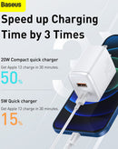Cargador rápido Baseus USB A+C de 20W blanco luna con cable USB C a Lightning de 3 pies.