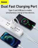Cargador rápido Baseus USB A+C de 20W blanco luna con cable USB C a Lightning de 3 pies.