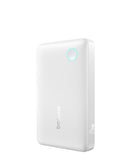 Power bank BASEUS EnerFill FP11 blanco de 10000mAh y 15W, cargando un teléfono.