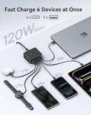 Cargador rápido GaN BASEUS 140W negro con 3 puertos USB-C y 1 USB-A. Ideal para carga rápida.