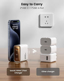 Cargador GaN blanco Toocki 100W con 2 puertos USB-C y 1 USB-A, ideal para carga rápida.