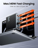 Cargador GaN Toocki 140W USB con 4 puertos (1 A, 3 C) y cable USB-C a C de 240W.