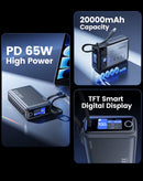 Power bank Toocki Energy Cube 20000 mAh, con cable integrado, pantalla LCD y carga rápida 65W.