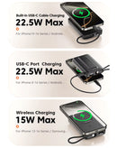 Power bank inalámbrico Toocki de 10000 mAh con carga SlowBack y cable USB-C incorporado, color negro.