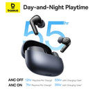 Auriculares in-ear Baseus Bass BP1 NC True Wireless negros, con estuche de carga compacto, ideales para audio móvil.