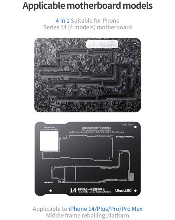 Encuentra el Marco intermedio 4 en 1 QianLi para iPhone 14 en Guatemala en los talleres de reparación especializados en iPhone y plataformas de reballing.
