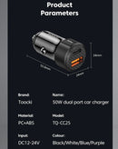 Encuentra el puerto de carga Toocki PD USB C+A de 50W en Negro en Guatemala para reparaciones rápidas y mayorista de accesorios electrónicos.