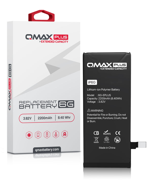 Encuentra baterías QMAX Plus Extended Capacity para iPhone 6 en Guatemala, ideal para reparaciones en talleres y mayoristas.