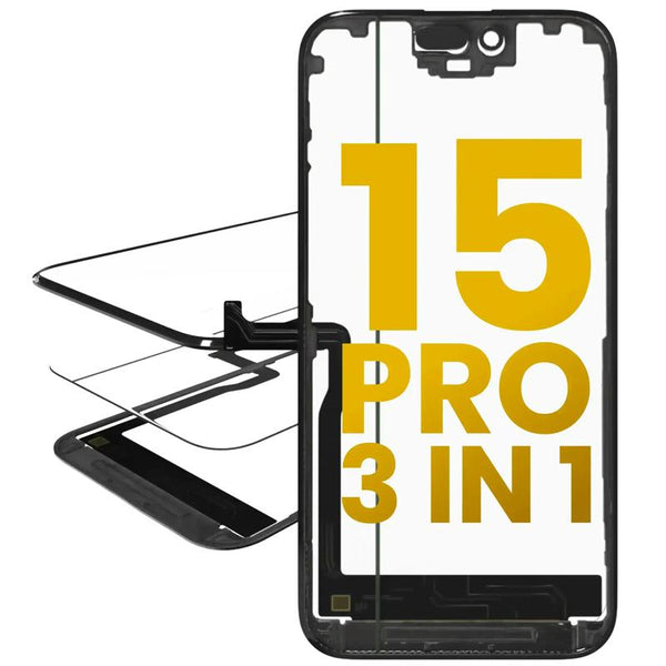 Reparación y reemplazo de cristal con OCA preinstalado y película polarizadora para iPhone 15 Pro en Guatemala.