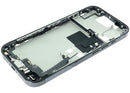 Tapa trasera original de iPhone 16 Pro (A3083, A3292) en titanio negro con batería, puerto de carga y piezas pequeñas.