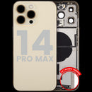 Tapa trasera dorada usada para iPhone 14 Pro Max con puerto de carga flex y pequeñas partes.